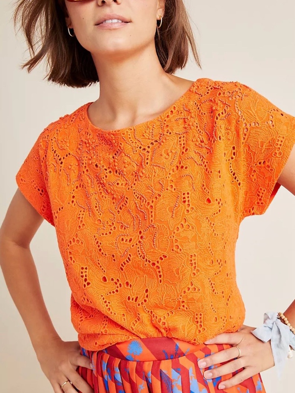 Anthro Maeve Karine Beaded Eyelet Short Sleeve Top Orange Size 8